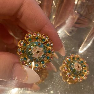 Vintage blue floral gold clip ons